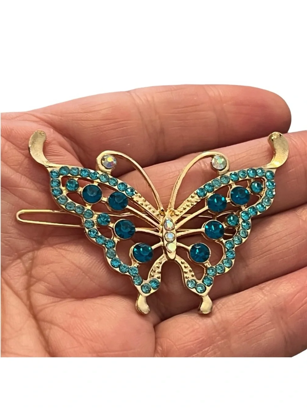 Gold Butterfly Hair Clip with Teal Crystals FINAL PRICE DROP